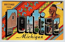 Greetings From Pontiac Michigan Large Big Letter Postcard Linen Unused Kropp - £11.75 GBP