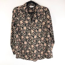 Pleione Womens Popover Blouse Top Floral Long Sleeve Collar Black Beige Size XS - £7.63 GBP