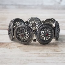 Ornate Dark Silver Tone Circles with Red Gems - Stretch Bracelet - £9.58 GBP