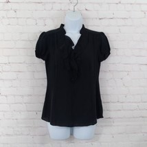 White House Black Market Blouse Womens 2 Black Silk Short Sleeve Ruffle V Neck - £19.96 GBP