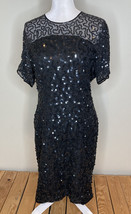 Vintage Stenay Short Sleeve Knee Length silk Dress With Sequins Size 10 Black B9 - £36.97 GBP