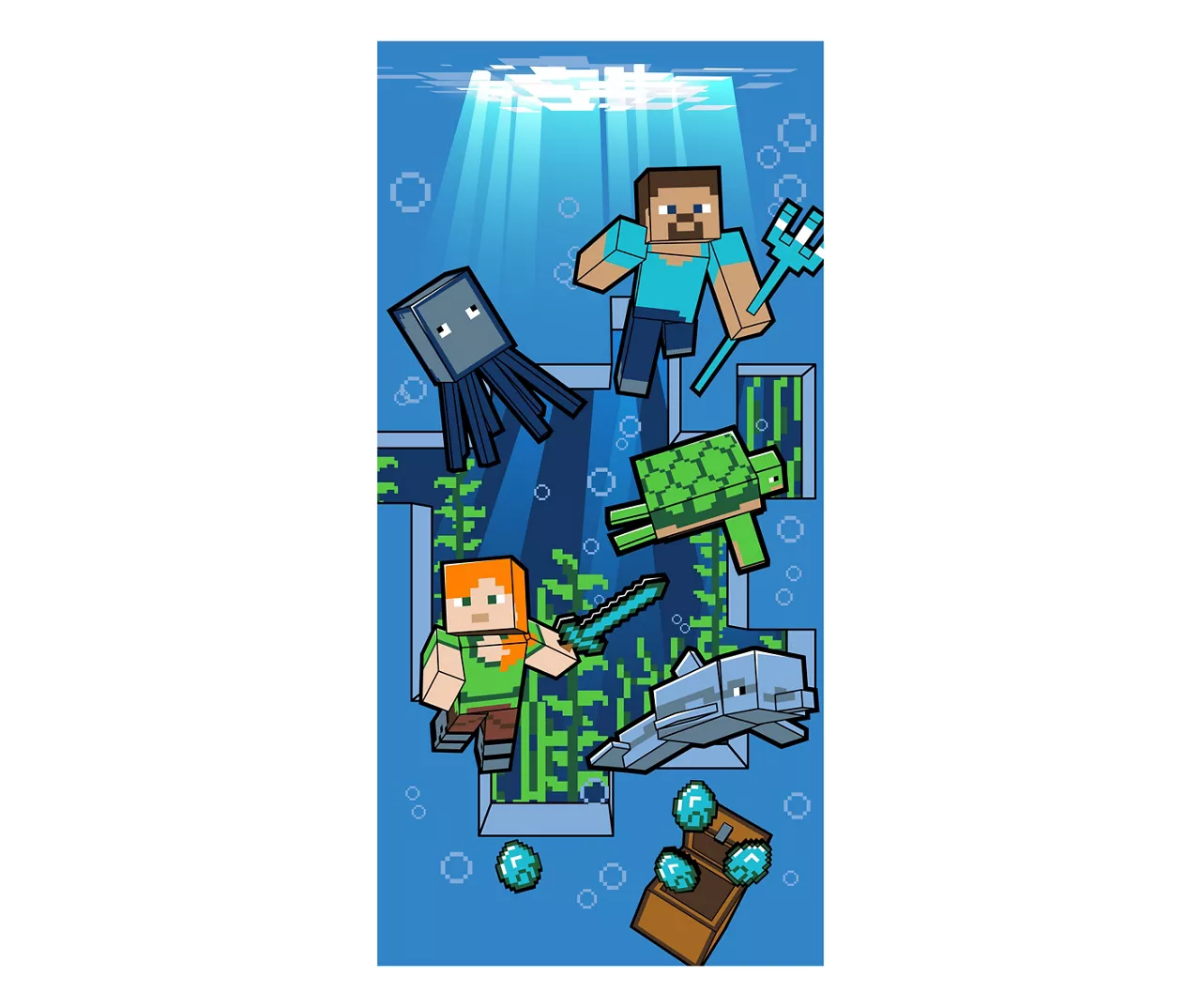 NEW Minecraft Underwater Beach Towel 28 x 58 inches terry fabric Steve &amp;... - $7.50