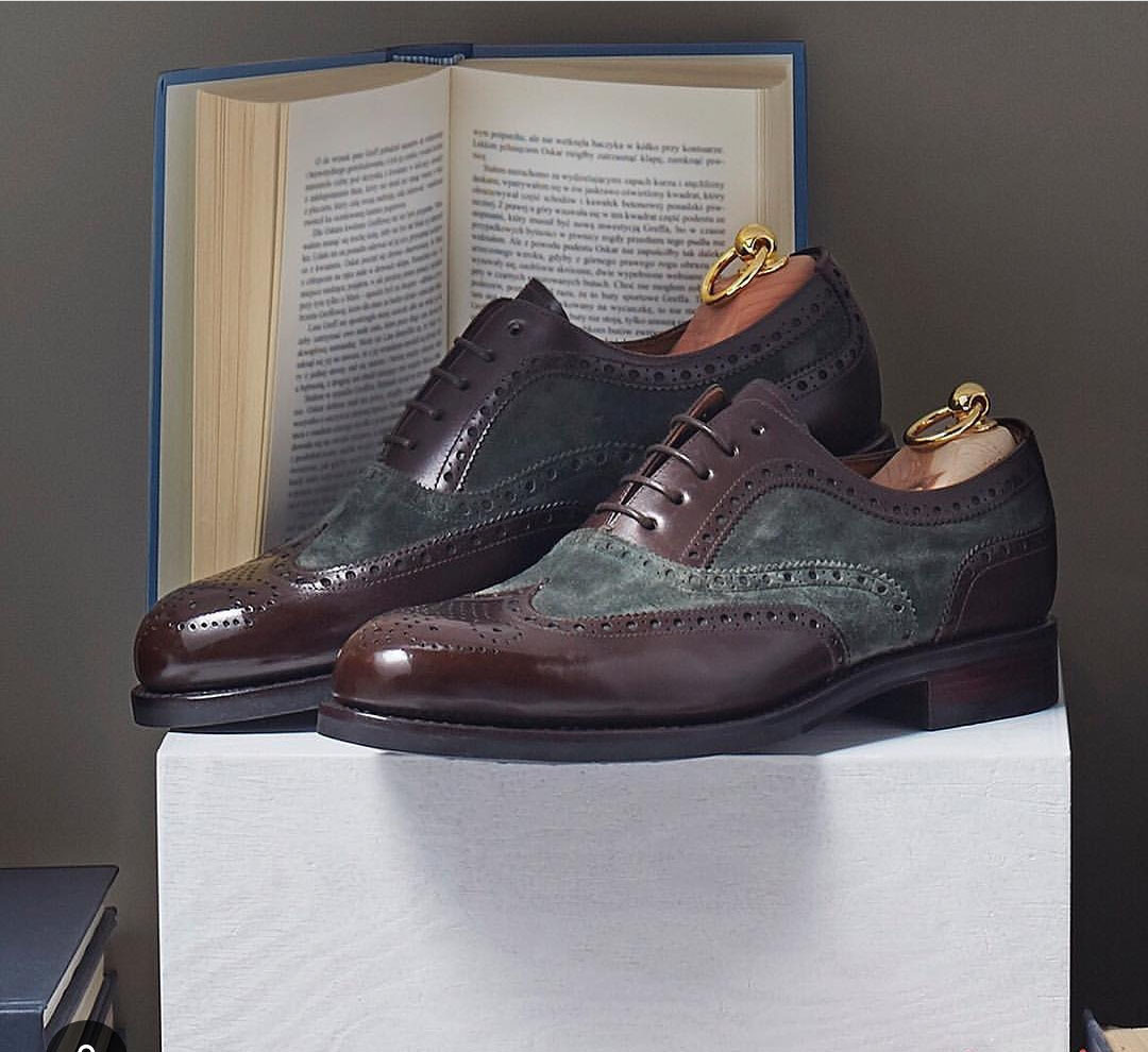 NEW Handmade Mens Gray Brown Wing Tip Shoes, Mens Leather Suede Lace Up Formal S
