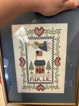 Framed Alphabet Cross Stitched Sampler Country Decor Primitive American Flag - £16.05 GBP