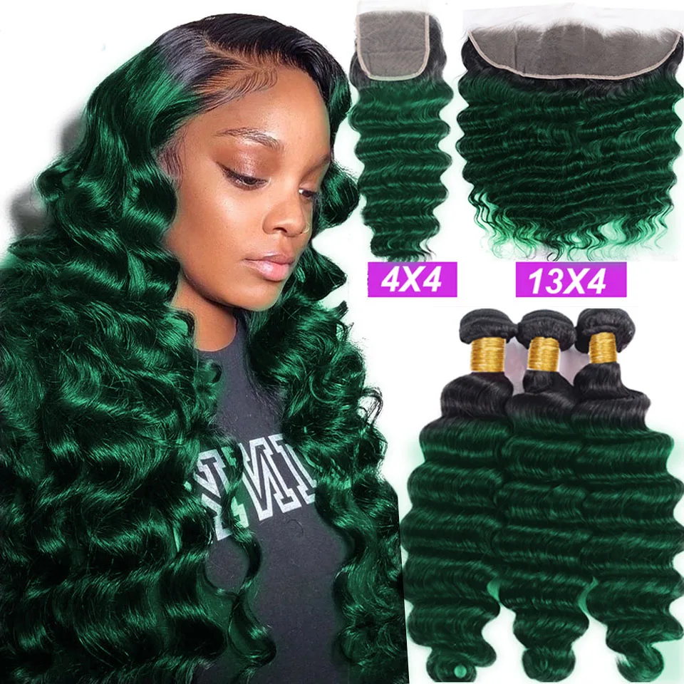 5x5 Lace Closure And Ombra Dark Green Human Hair Bundles With 13x4 Frontal Loose - £113.49 GBP+
