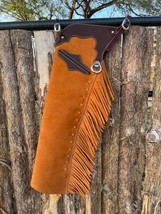 Handmade Western Shotgun Chaps Suede Hide Buck-stitched with Fringe Cowboy Style - £69.73 GBP+