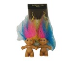 VINTAGE GOOD LUCK TROLL DOLL EARRINGS RAINBOW COLOR HAIR JEWELRY FISH HOOK - $23.75