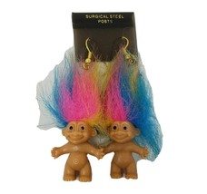 Vintage Good Luck Troll Doll Earrings Rainbow Color Hair Jewelry Fish Hook - £18.56 GBP