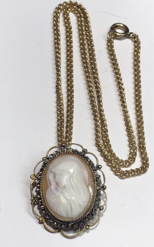 antique gold filled Virgin Mary cameo Pendant/ Brooch necklace 15” - $85.50