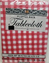 Thin Flannel Back Vinyl Tablecloth, 60&quot; Round, RED &amp; WHITE CHECKERED BUF... - $8.90