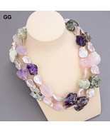 Natural Pearl Pink Coin Pearl Multi Color Rough Amethyst Prehnite Necklace - £63.27 GBP