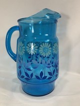 Vintage Colorful Blue Floral Art Glass 10&quot; Pitcher - Flowers A Bloom Lemonade - £42.98 GBP