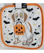 1 Printed Jumbo Cotton Pot Holder,8&quot;x8&quot;,HALLOWEEN,DOG W/PUMPKIN BASKET &amp;... - $7.91