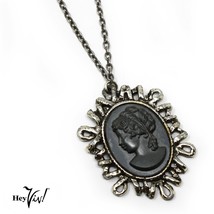 Vintage 2.5&quot; Black Cameo Chunky Abstract Pendant Necklace,  24&quot; Chain -  Hey Viv - £17.28 GBP