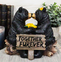 Whimsical Wedding Vows Black Bear Couple Kissing By Tree Log Statue 7&quot; Tall - £20.77 GBP