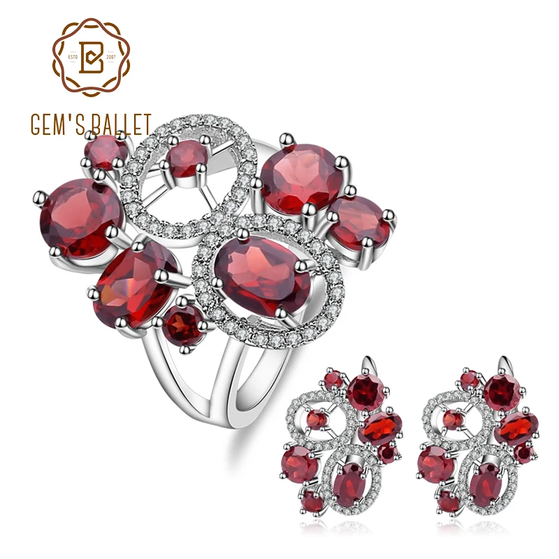 Natural Red Garnet Vintage Flower Jewelry Set 925 Sterling Silver Gemstone Earri - $133.22