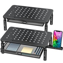 2 Pack Computer Monitor Stand Riser With Premium Metal Drawer, 3 Height Adjustab - £54.34 GBP