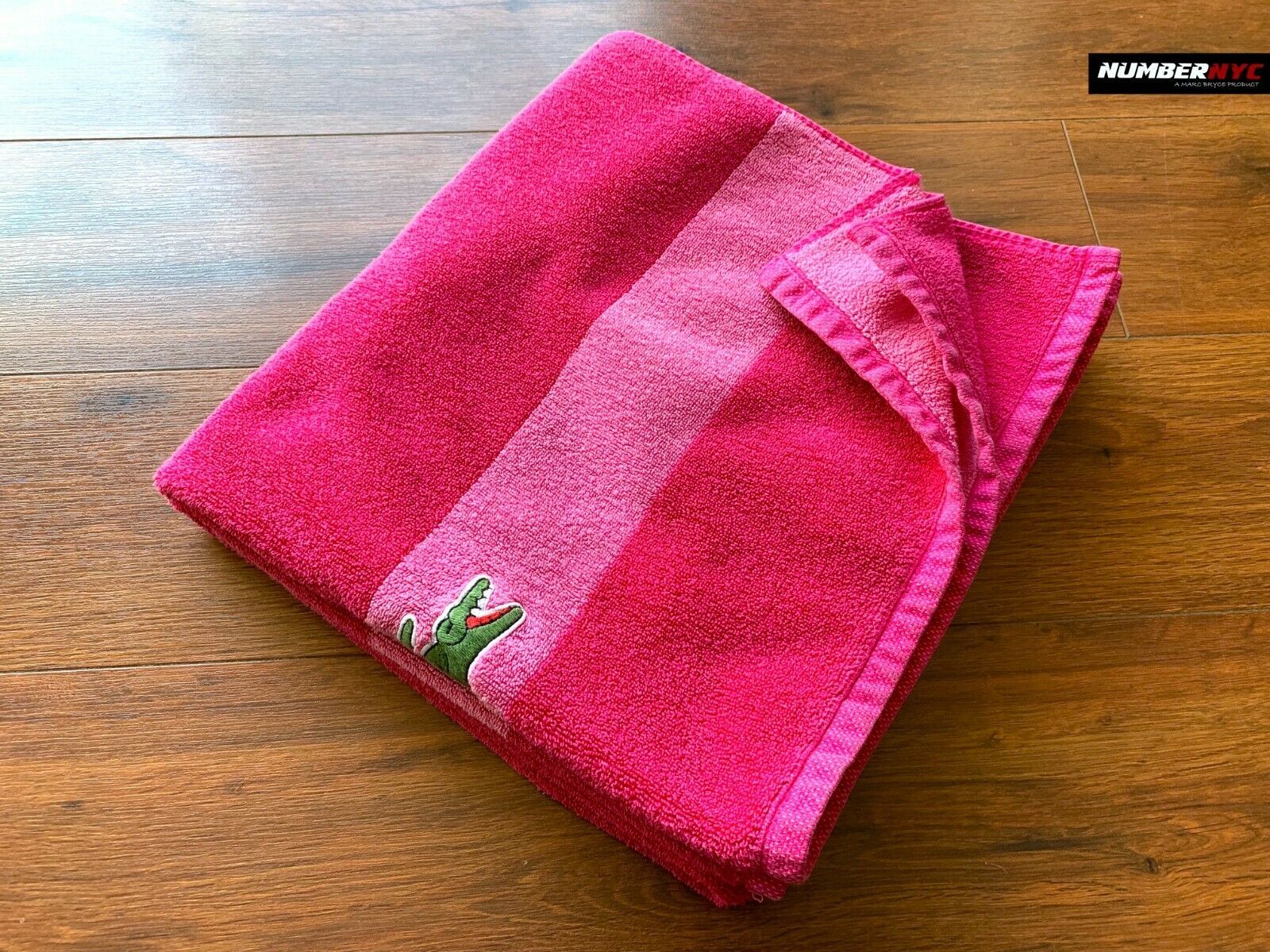 Lacoste Pink Rose Bath Beach Pool Towel 100% Cotton 52" Big Green Crocodile Logo - $28.70