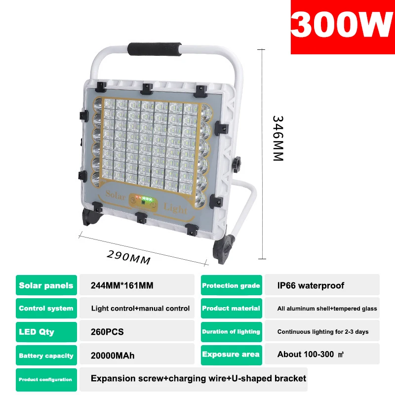 Solar Aluminum Spotlights Portable LED Light FloodLight 200W 300W 500W Outdoor G - £138.56 GBP