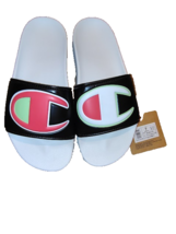 New Champion Women&#39;s Super Slide Black/Rainbow Split Script Sandals 7 - $22.97
