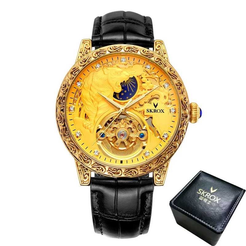 High Quality ALL Gold Tiger Moon Phase Tourbillon Luminous Butterfly Buc... - £56.47 GBP