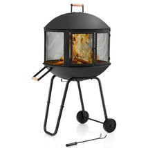 28&quot; Patio Rolling Fire Pit Wood Burning Firepit w/ Wheels Mobile Fireplace - £134.79 GBP