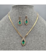 Vtg Signed AFJ necklace Earrings Set Gold Tone Green Stone Pierced Ear D... - $29.99