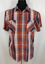 Levis Mens XL Slim Fit Short Sleeve Casual Orange Navy Plaid Shirt Check Measure - £11.51 GBP
