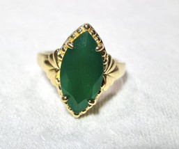 Sterling Silver Gold Vermeil Green Onyx/Chalcedony? Filigree Ring Size 7 K912 - £38.77 GBP