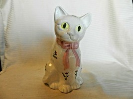 White Ceramic Smiling Cat Figurine Country Rose Hand Painted by Mann 1982 - $50.00