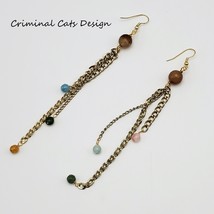 Long Boho Chain Earrings, 10mm faceted Agate and colorful glass beads, handmade - £11.99 GBP