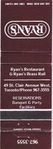 Matchbook Cover Ryans Restaurant &amp; Brass Rail Toronto Ontario - £1.65 GBP