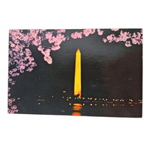 Postcard The Washington Monument At Night Blooming Cherry Trees Chrome U... - $6.92