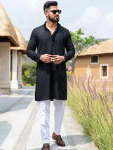 Black Traditional Chikankari Mans Kurta Pajama Bollywood Style Men Party... - £43.00 GBP+