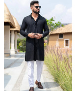 Black Traditional Chikankari Mans Kurta Pajama Bollywood Style Men Party... - £42.47 GBP+
