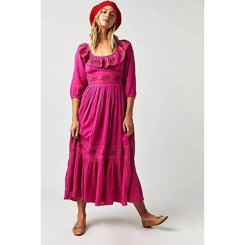 Primary image for New Free People Lovers Lane Maxi Dress $168  X-SMALL Embroidered Pink