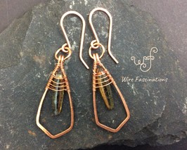 Handmade copper earrings: framed wire wrapped amber glass dagger bead - £21.58 GBP