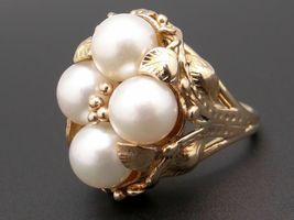 14k Yellow Gold Over 8mm White Pearl Cocktail Cluster Leaf Flower Band Ring - £88.13 GBP