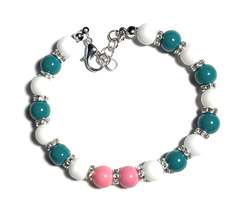 White, Teal, and Pink Beaded Bracelet with Lobster Clasp - €5,10 EUR