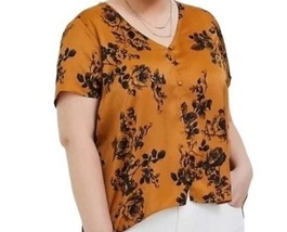 Torrid Charmeuse Button Up Top Gold Black Floral Silky V-Neck Blouse Wom... - $9.79