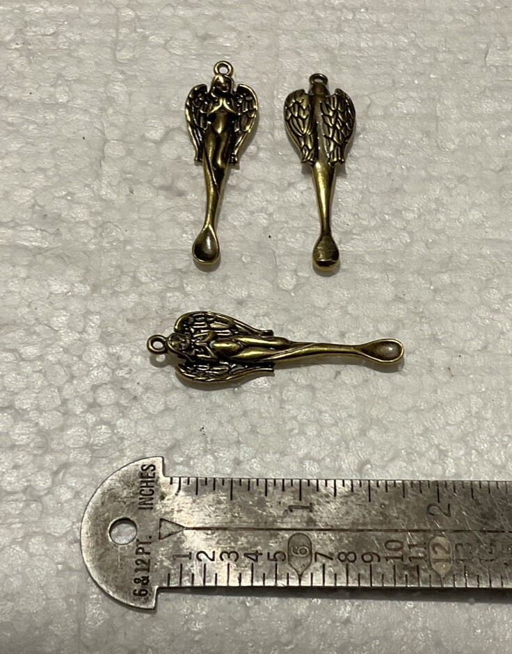 Figural Praying Angel Mini Snuf Spoon Pendant Brass 2” Unique Ear Wax Tool Item image 6