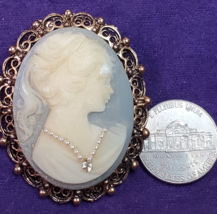 Faux Shell Cameo Pin Blue Resin Victorian Woman Carved Oval Fashion Estate - £12.01 GBP