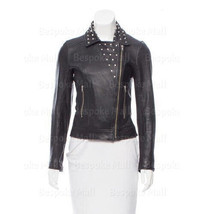 New Women&#39;s Black Golden Half  Studded Brando Style Motorbike Leather Jacket-136 - £175.85 GBP