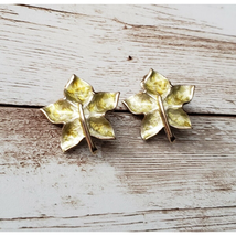 Vintage Clip On Earrings - Light Green &amp; Gold Tone Leaf Fall Theme - £10.67 GBP