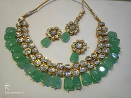 Heavy Quality Kundan Mint Beads Jewelry Set Earrings Tikka Necklace Meena Pearl - £39.98 GBP