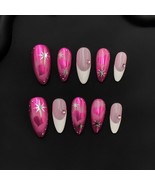 pink chrome heart art starburst valentine press on nails glam pink rhine... - $28.99