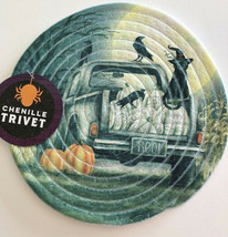 Trivet Halloween Haunted Farm Truck Braided 9&quot; Round  Hot Pad Chenille S... - £14.47 GBP