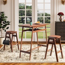 3 PCS Pub Dining Set Retro Bar Table Rubber Wood Stackable Backless High Stool - £243.50 GBP
