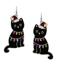 Christmas Black Cat Dangle Drop Earrings White Gold - £11.16 GBP