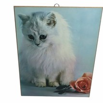 Vintage White Cat kitten Wooden Wall Plaque 70s Studio One Rose Kitty 1973 - £23.35 GBP